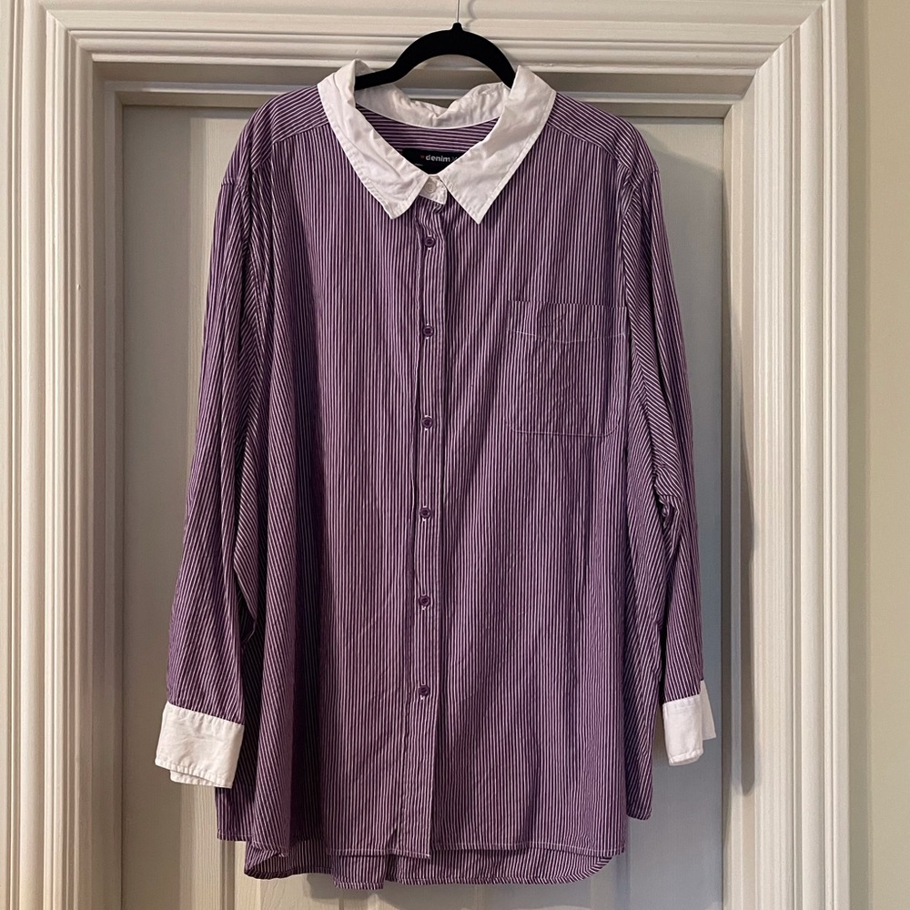 Denim 24/7 purple and white plus size button down shirt